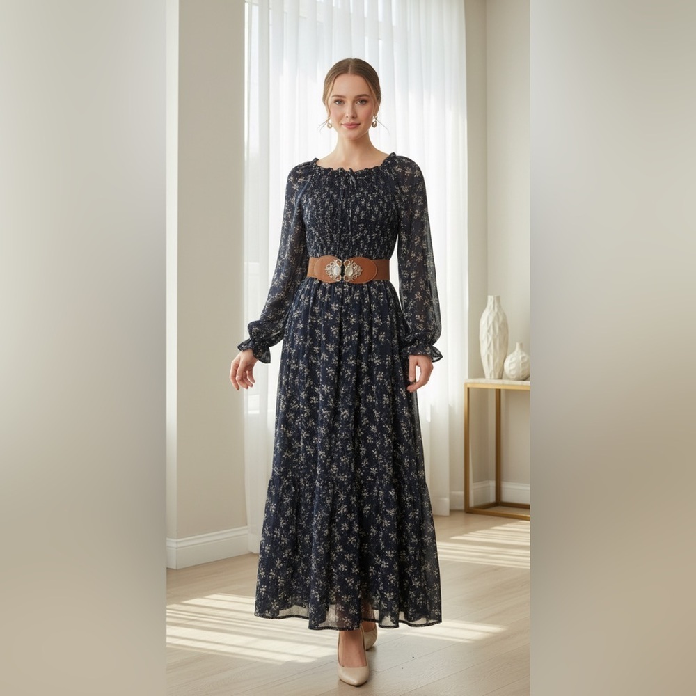 Smocked Black Floral Long-Sleeve Maxi Dress